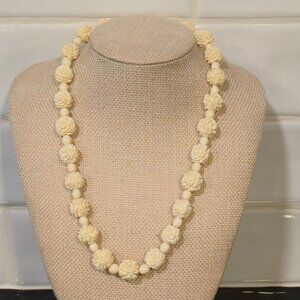 Vintage Celluloid carved rose Necklace Boho Bead natural Estate Jewelry plastic